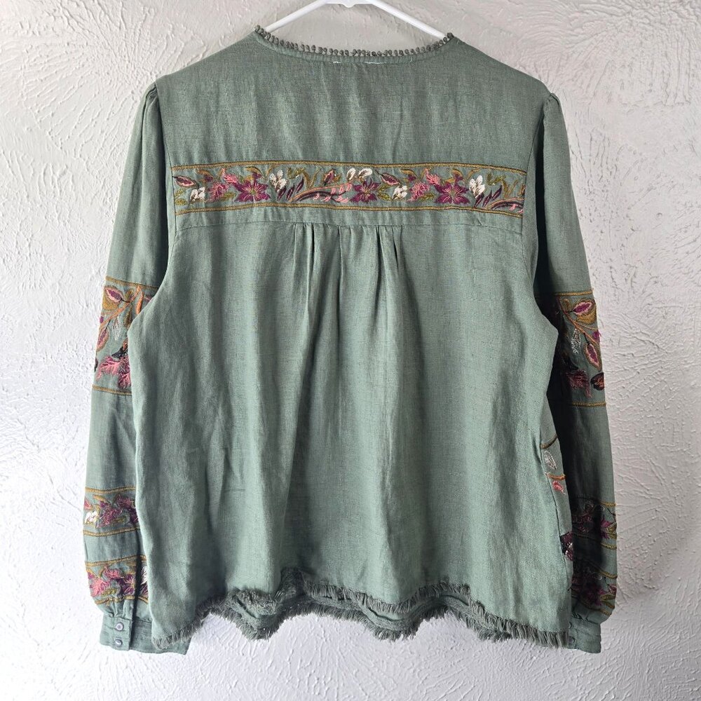 Sundance Boho Blouse Medium Dark Green Linen Floral Bird Embroidered Peasant Top - Picture 2 of 12